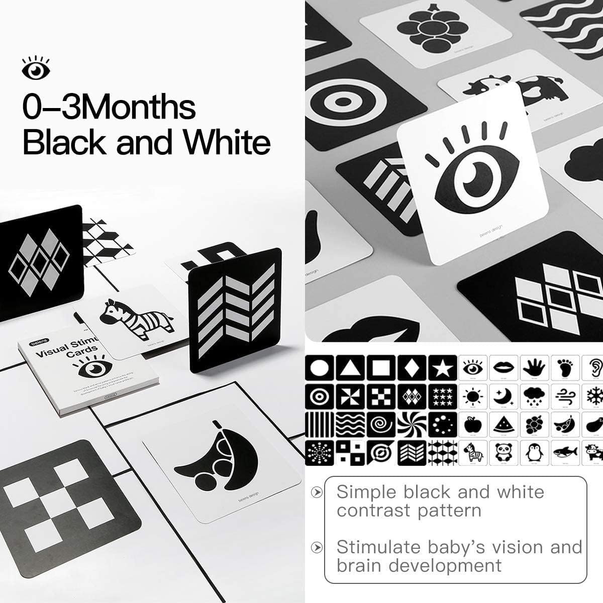 beiens High Contrast Baby Flashcard, 80 Pcs 160 Page Black White Colorful Visual Stimulation Learning Activity Card for Babies Ages 0-3-6-12-36 Months, 5.5'' x 5.5'' Newborn Infants Toys Gift